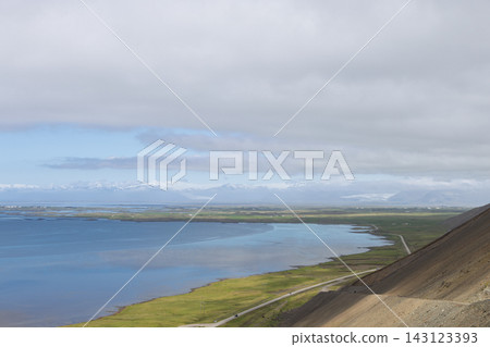 Hornafjordur coastal water and green lowlands from Almannaskard, Iceland Hornafjordur coastal water and green lowlands from Almannaskard, Iceland 143123393