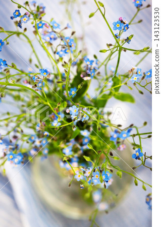 Beautiful fresh forget-me-not flowers in glass vase, top view, soft focus Beautiful fresh forget-me-not flowers in glass vase, top view, soft focus 143123530
