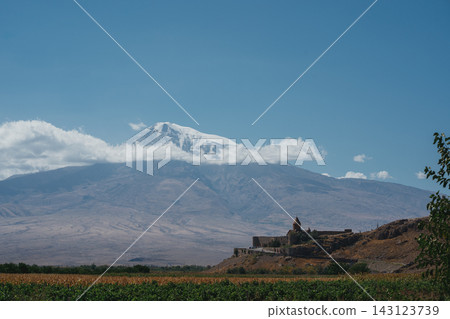 Khor Virap temple and Mount Ararat as seen from the surrounding fields in Armenia 143123739