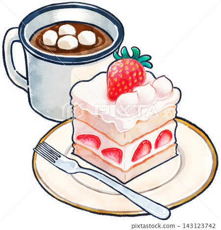 Hand-drawn illustration of strawberry cake and hot drink 143123742