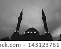 Baku Mosque of the Martyrs stands against the cloudy sky during dusk, black and white photo 143123761