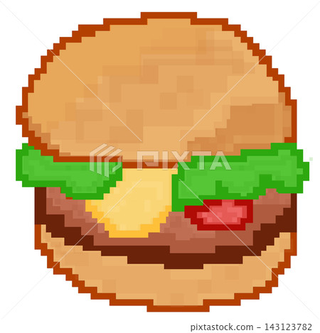 Pixel art fast food hamburger burger with cheese lettuce retro game element sticker print visual graphic clipart artwork design icon element illustration Pixel art fast food hamburger burger with cheese lettuce retro game element sticker print visual graphic clipart artwork design icon element illustration 143123782