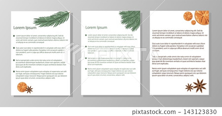 Christmas corporate letterhead invoice templates set vector layout. Cozy eco winter A4 blank pages with pine branch and dried orange slices decor Christmas corporate letterhead invoice templates set vector layout. Cozy eco winter A4 blank pages with pine branch and dried orange slices decor 143123830