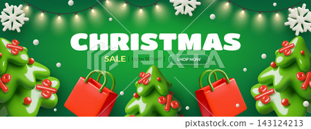 3D Christmas sale banner with green trees red shopping bags percentage sign snowflakes and lights 3D Christmas sale banner with green trees red shopping bags percentage sign snowflakes and lights 143124213
