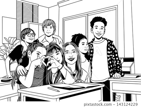 Diverse group of happy elementary students with teacher in classroom, Children and teacher smiling in class vector Diverse group of happy elementary students with teacher in classroom, Children and teacher smiling in class vector 143124229