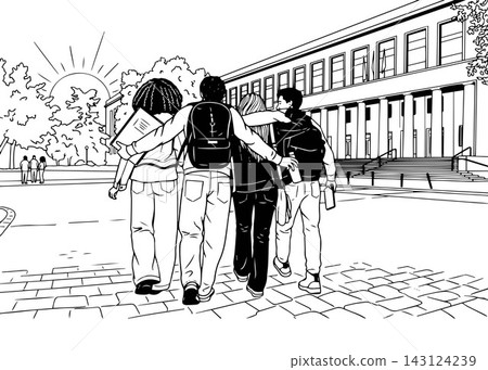 Group of young students with backpacks and books walking arm in arm towards the university building Group of young students with backpacks and books walking arm in arm towards the university building 143124239
