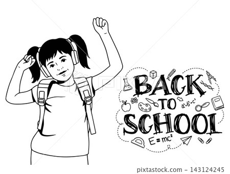 Happy child with backpack and headphones celebrating back to school 143124245