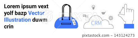 E-commerce, cloud storage, CRM, shopping, business technology, marketing strategy. A blue shopping bag, cloud with CRM text and pointing hand. E-commerce and cloud storage concepts 143124273