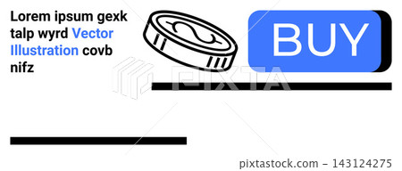 E-commerce, digital payment, shopping, transactions, online purchase, user interface. Coin and blue buy button visual on white minimalist background. E-commerce and digital payment concept E-commerce, digital payment, shopping, transactions, online purchase, user interface. Coin and blue buy button visual on white minimalist background. E-commerce and digital payment concept 143124275
