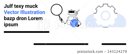 Artificial intelligence, business automation, finance, machine learning, robotics, workflow optimization. Robot analyzing data with magnifying glass alongside gears. Business automation Artificial intelligence, business automation, finance, machine learning, robotics, workflow optimization. Robot analyzing data with magnifying glass alongside gears. Business automation 143124279