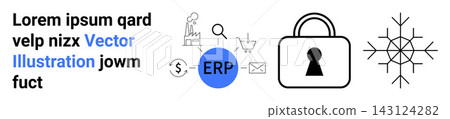 Digital transformation, data security, ERP software, supply chain, business efficiency, analytics. ERP system with icons thumbs up lock, network connection and industry tools. Data security and ERP Digital transformation, data security, ERP software, supply chain, business efficiency, analytics. ERP system with icons thumbs up lock, network connection and industry tools. Data security and ERP 143124282