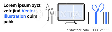 Business growth, analytics, online shopping, e-commerce, performance, rewards. A computer screen with arrows and a gift box. Business growth and analytics presented visually Business growth, analytics, online shopping, e-commerce, performance, rewards. A computer screen with arrows and a gift box. Business growth and analytics presented visually 143124352