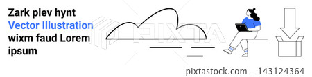 Cloud computing, data storage, digital work, technology concepts, online services, networking. Person working on a laptop next to a cloud and download arrow symbols. Cloud computing and data storage Cloud computing, data storage, digital work, technology concepts, online services, networking. Person working on a laptop next to a cloud and download arrow symbols. Cloud computing and data storage 143124364
