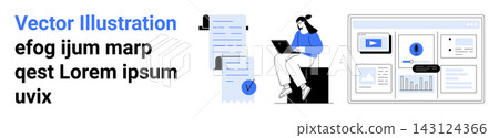 Business management, remote work, online productivity, document analysis, data visualization, digital collaboration. Woman working on a laptop. Remote work and business management concept Business management, remote work, online productivity, document analysis, data visualization, digital collaboration. Woman working on a laptop. Remote work and business management concept 143124366