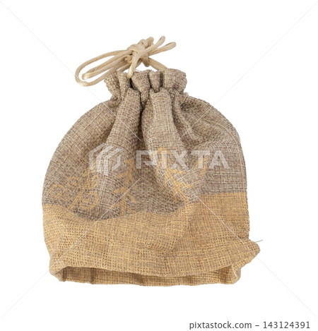 Small Burlap Drawstring Pouch on Black Background 143124391
