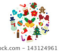 A set of cute Christmas motifs arranged in a circular frame-style illustration. 143124961