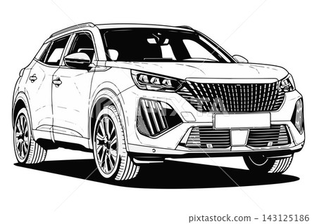 Studio shot of a Red colored 2024 modern suv car right front three quarter view isolated on white background 143125186