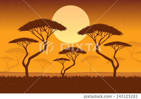 textured african savanna sunset banner vector illustration with acacia trees. textured african savanna sunset banner vector illustration with acacia trees. 143125281