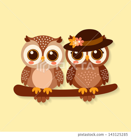 sweet loving owls vector characters on tree branch. 143125285