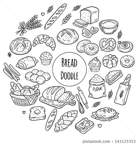 French bakery bread doodles, hand drawn croissant and baguette, artisanal pastry shop sketches, morning breakfast icons, cafe flour yeast elements French bakery bread doodles, hand drawn croissant and baguette, artisanal pastry shop sketches, morning breakfast icons, cafe flour yeast elements 143125353