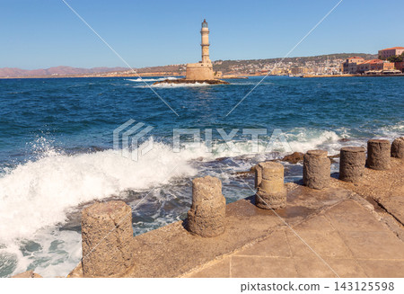 Venetian Lighthouse in Chania Harbor, Crete, Greece Venetian Lighthouse in Chania Harbor, Crete, Greece 143125598