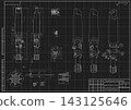 Mechanical engineering drawing of cutting tool on black background. Stepped countersink reamer construction with dimensions and sections. Technical machining blueprint. Vector illustration. 143125646