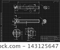 Mechanical engineering drawing of cutting tool on black background. Thread cutting tool construction with dimensions and sections. Technical turning blueprint. Vector illustration. 143125647