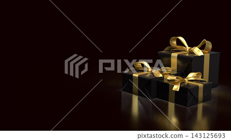 Elegant Black Gift Boxes with Golden Ribbons 3d render. Elegant Black Gift Boxes with Golden Ribbons 3d render. 143125693