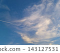 A crescent moon and contrails in the twilight sky. 143127531