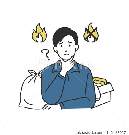 插圖描繪了一個人撓著頭，似乎對可燃垃圾和不可燃垃圾的分類規則感到困惑。 143127927