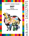 Stylish New Year's card for 2027 featuring watercolor sheep with SDGs imagery. 143127975