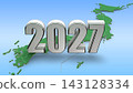 2027 年的 3DCG 圖形和日本地圖；代表新年、未來和時代的動態圖形。 143128334