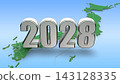 2028 年的 3DCG 圖形和日本地圖；代表新年、未來和時代的動態圖形。 143128335