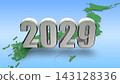 2029 年的 3DCG 圖形和日本地圖；代表新年、未來和時代的動態圖形。 143128336