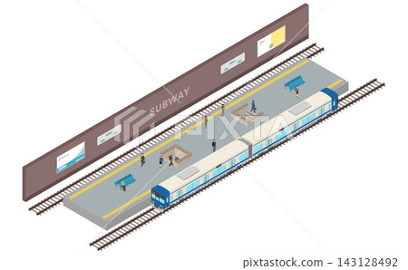 Isometric illustration: subway platform, train, and people Isometric illustration: subway platform, train, and people 143128492