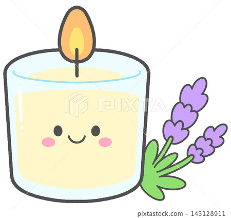 Cute Scented Candle Character in Glass Jar with Lavender Flowers 143128911