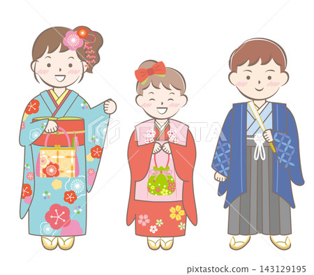 孩子們穿著和服參加七五三節(日本兒童傳統成年禮)和新年拜訪 孩子們穿著和服參加七五三節(日本兒童傳統成年禮)和新年拜訪 143129195