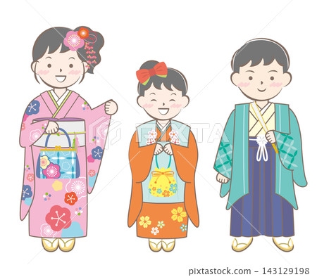 孩子們穿著和服參加七五三節(日本兒童傳統成年禮)和新年拜訪 孩子們穿著和服參加七五三節(日本兒童傳統成年禮)和新年拜訪 143129198