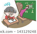 An illustration of a child struggling to write in a notebook. 143129248