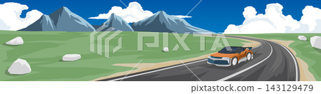 Vector illustration of mountain highway landscape. Orange sports car driving along a winding asphlat road under a bright blue sky with fluffy white clouds. Road testing of a prototype racing car. Vector illustration of mountain highway landscape. Orange sports car driving along a winding asphlat road under a bright blue sky with fluffy white clouds. Road testing of a prototype racing car. 143129479