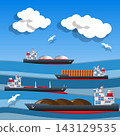 Cargo ships in the sea. Side view. Vector illustration. 143129535