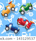 Sports cars on the background of car icons. Seamless pattern. Vector illustration. 143129537