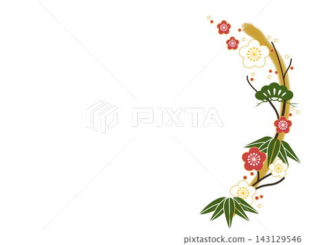 A Japanese-style background with a wide margin featuring pine, bamboo, and plum blossoms. 143129546