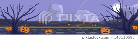 Spooky vector illustration of a Halloween landscape backdrop featuring a adphlat road. Carved pumpkins and dead trees. Mountain under a dark night sky with a full moon and flock of bats. Spooky vector illustration of a Halloween landscape backdrop featuring a adphlat road. Carved pumpkins and dead trees. Mountain under a dark night sky with a full moon and flock of bats. 143130593
