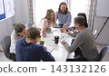 A group of people are sitting at a table and working on a project together. An atmosphere of cooperation and concentration 143132126