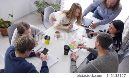 Teamwork. A group of students is sitting at a table and working on a project. There are cups of coffee on the table 143132127