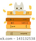An illustration of a cat peeking out from a pile of books and ginkgo leaves. 143132538