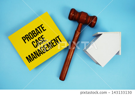Probate Case Management text with judgment gavel and house model on blue background 143133130