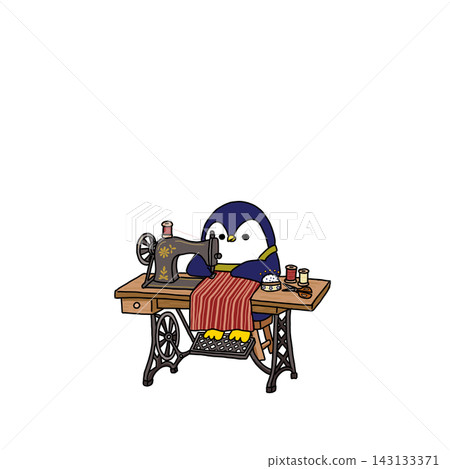 An illustration of a penguin sewing with a sewing machine. An illustration of a penguin sewing with a sewing machine. 143133371