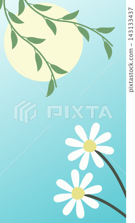 Minimalist botanical vertical background and mobile wallpaper with leafy branches, a stylized sun, and white flowers on a smooth gradient Minimalist botanical vertical background and mobile wallpaper with leafy branches, a stylized sun, and white flowers on a smooth gradient 143133437